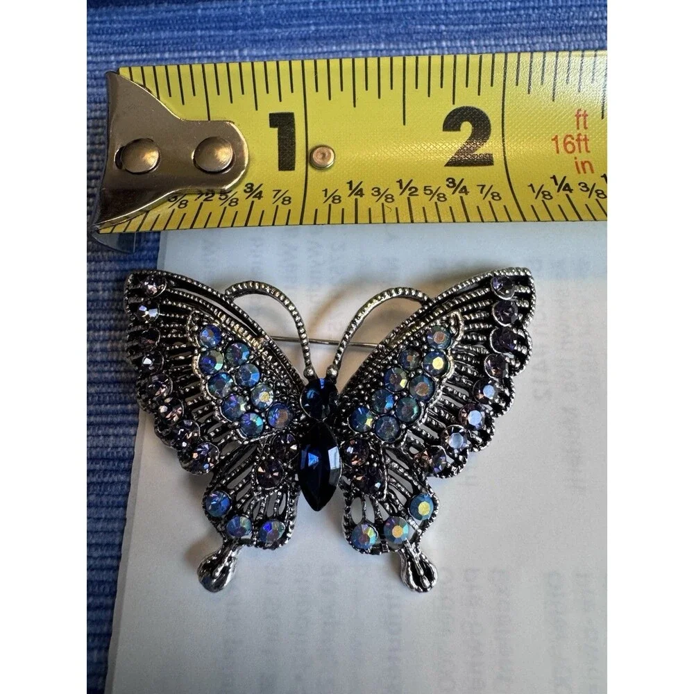Vintage‎ Style Blue AB Rhinestone Butterfly Brooch Pin Gunmetal Silver Tone 2”